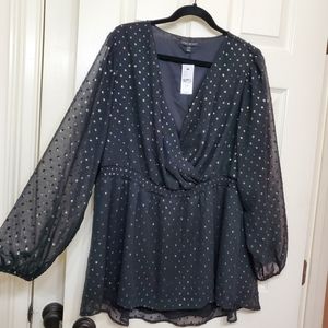 NWT Lane Bryant 18/20 Black Blouse with Gold Swiss Dots